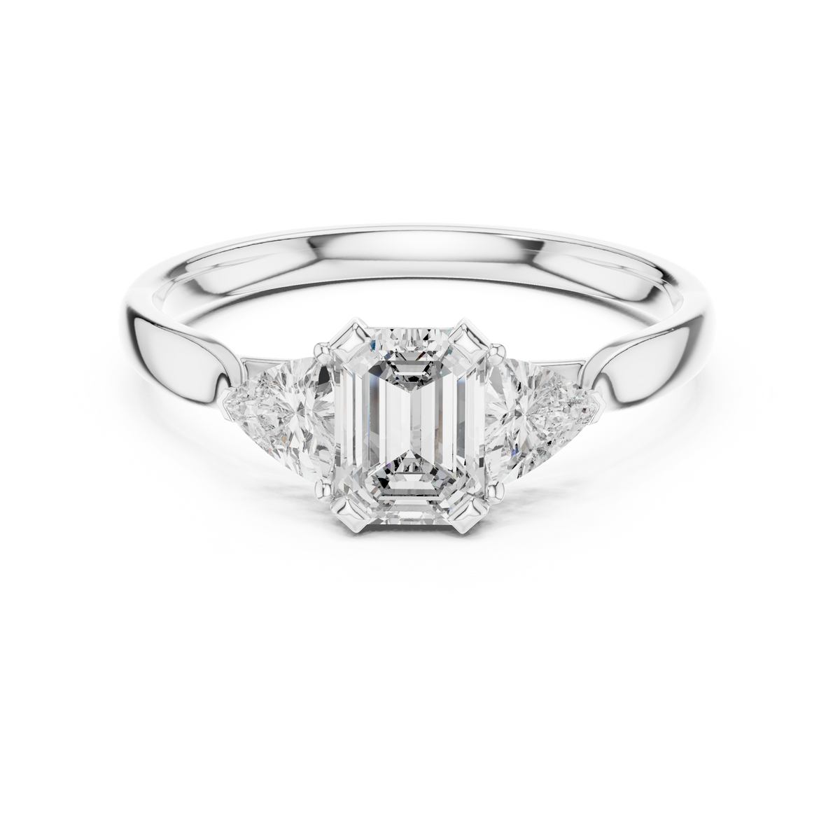Cassiopeia Emerald Cut Lab Grown Diamond Three Stone Engagement Ring