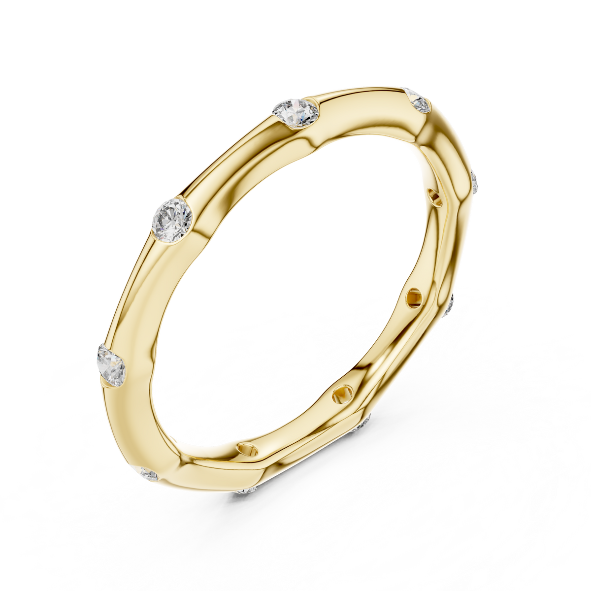 Ein handmodelliertes Wellenband mit bündig gefassten Diamantakzenten