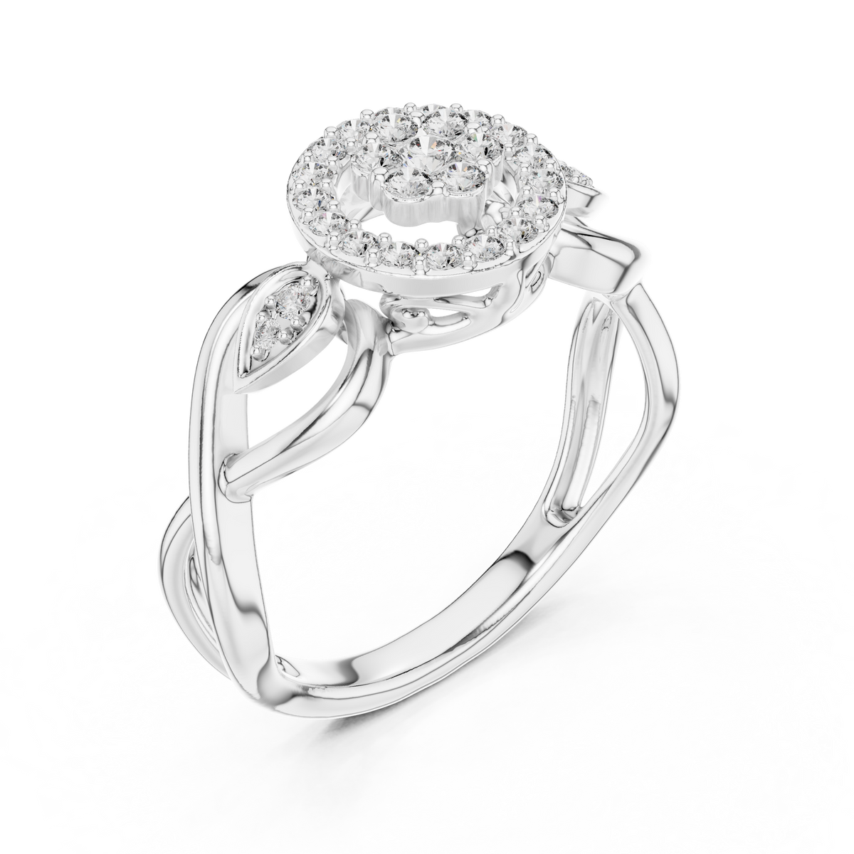 Petalune Flower Cluster Halo Lab Grown Diamond Ring with Leaf Accents