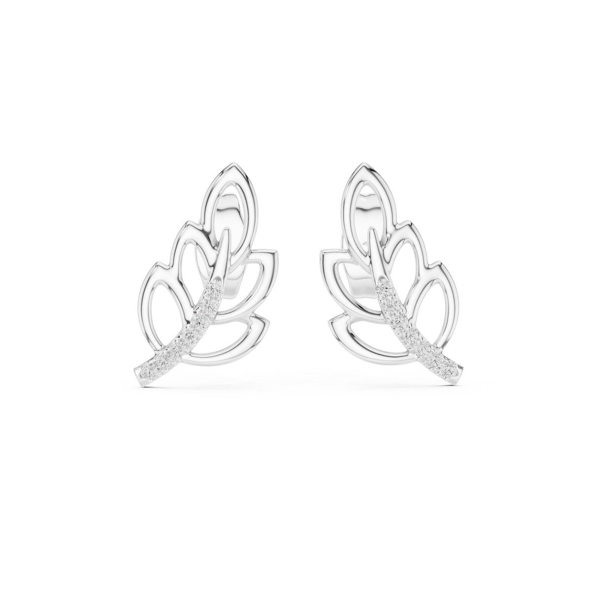 Ferrelle Layered Fern Leaf Outline with Pavé Stem Lab Grown Diamond Earrings