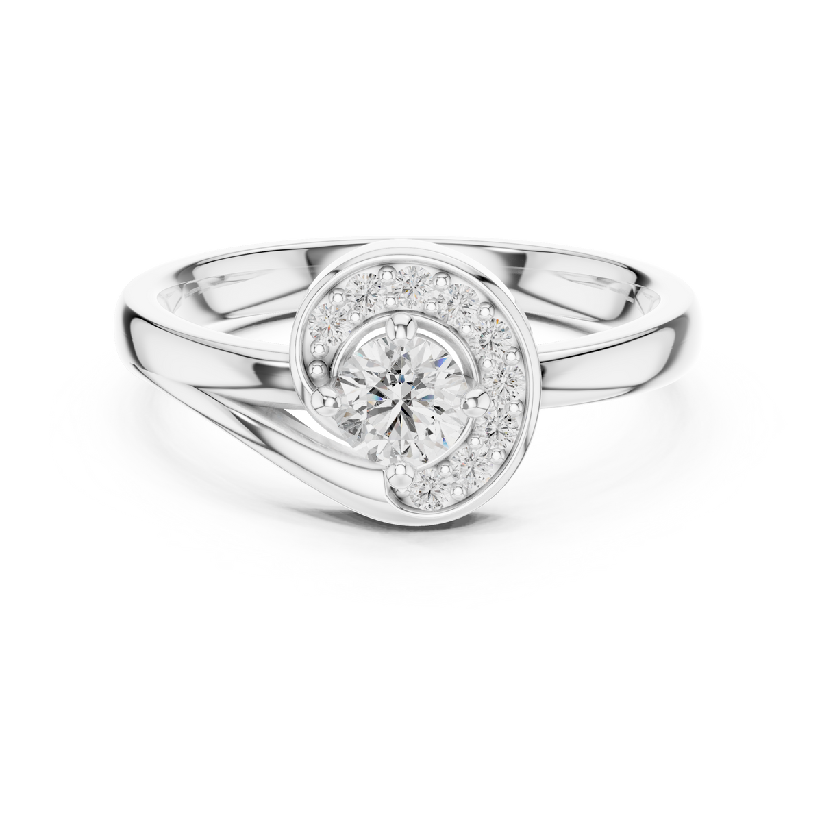 Spirelle Swirl Halo Split Shank Lab Grown Diamond Solitaire Ring