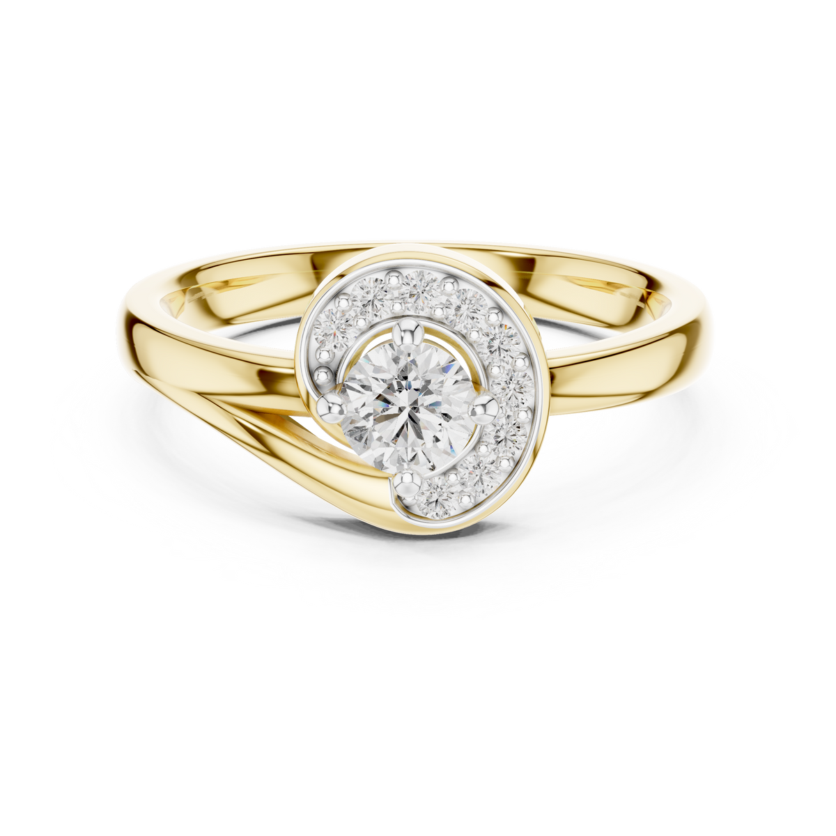 Spirelle Swirl Halo Split Shank Lab Grown Diamond Solitaire Ring