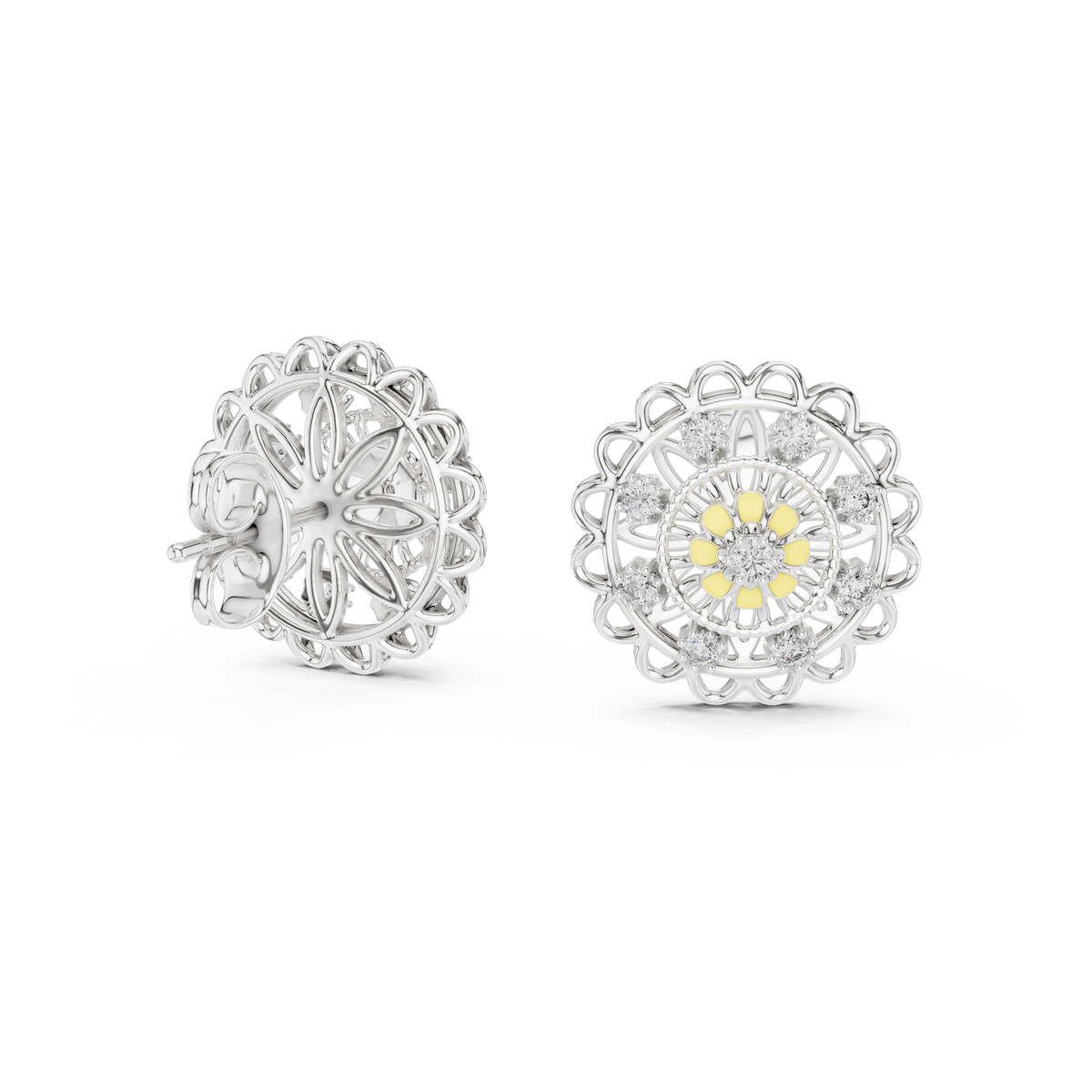 Rangelle Scalloped Filigree Enamel Flower Lab Grown Diamond Earrings