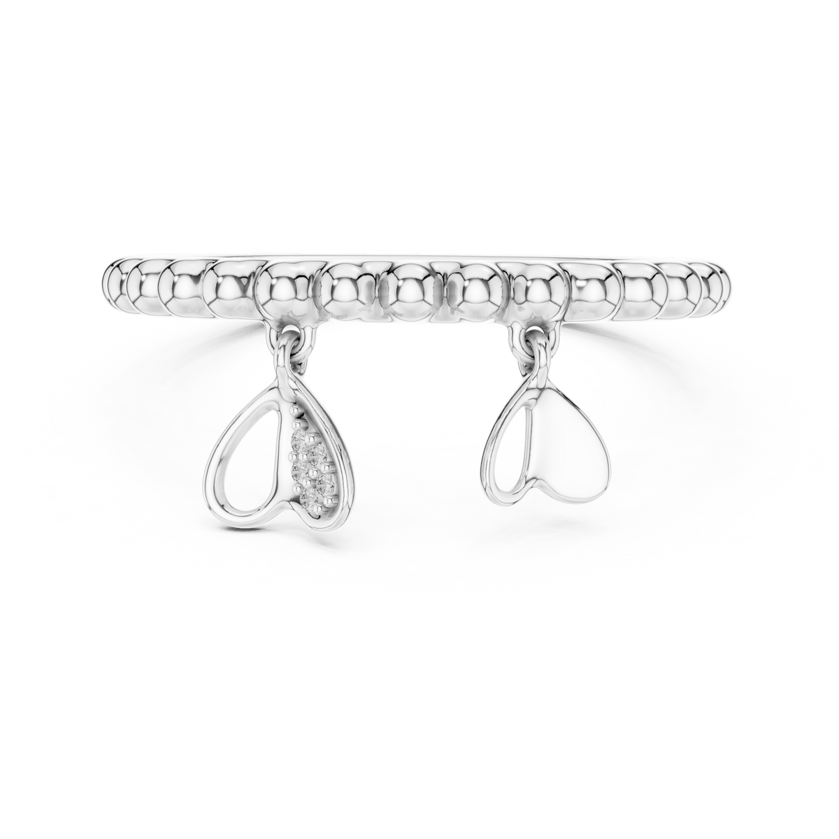 Perlina Beaded Dangling Hearts Lab Grown Diamond Charm Ring