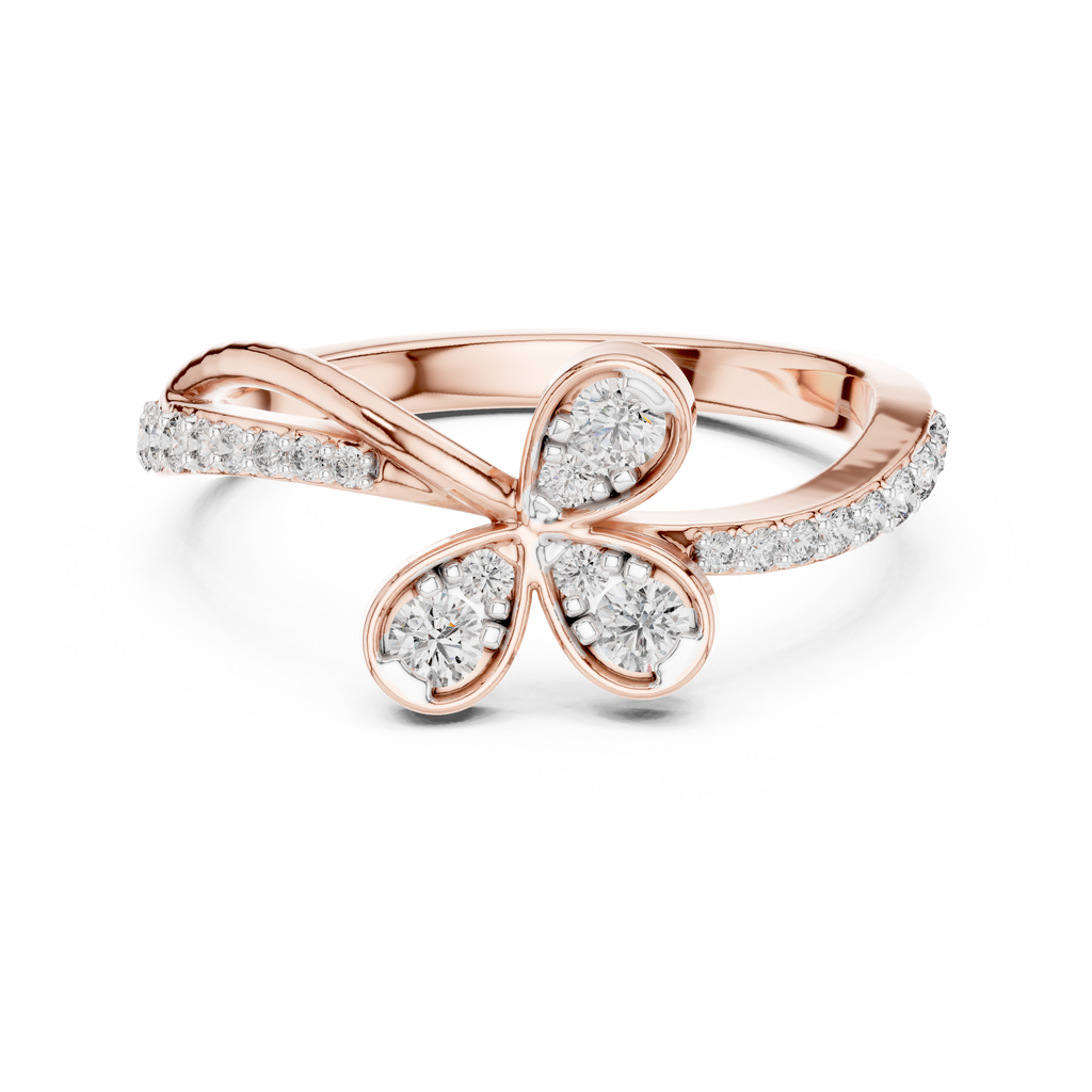 Clover Lab Grown Diamond Three Petal Flower Ring with Pavé Bypass Band