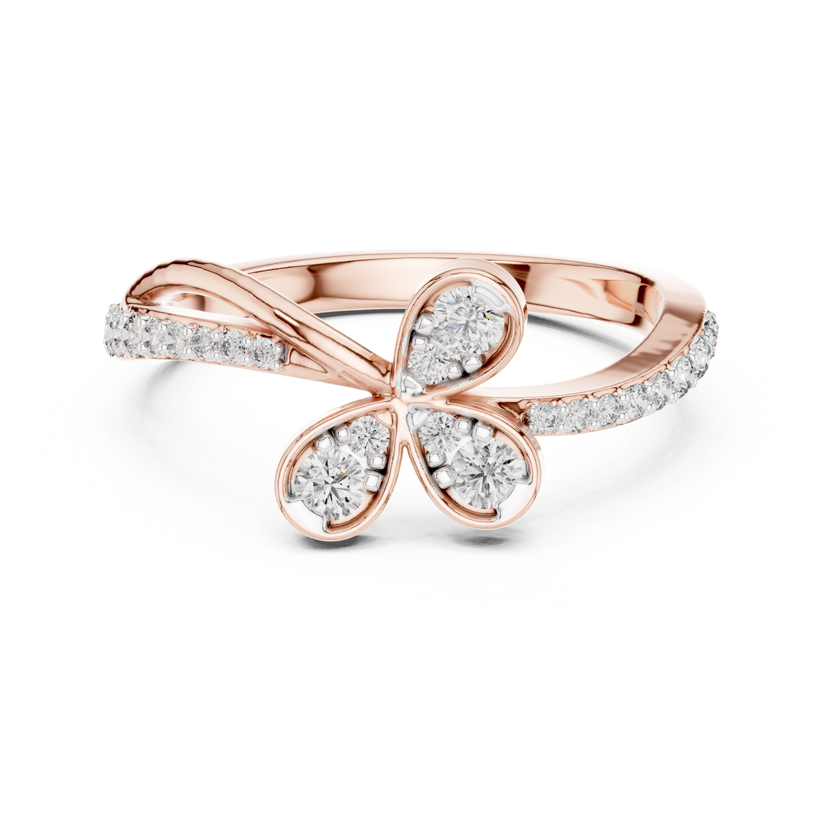 Clover Lab Grown Diamond Three Petal Flower Ring with Pavé Bypass Band