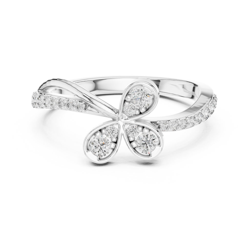Clover Lab Grown Diamond Three Petal Flower Ring with Pavé Bypass Band