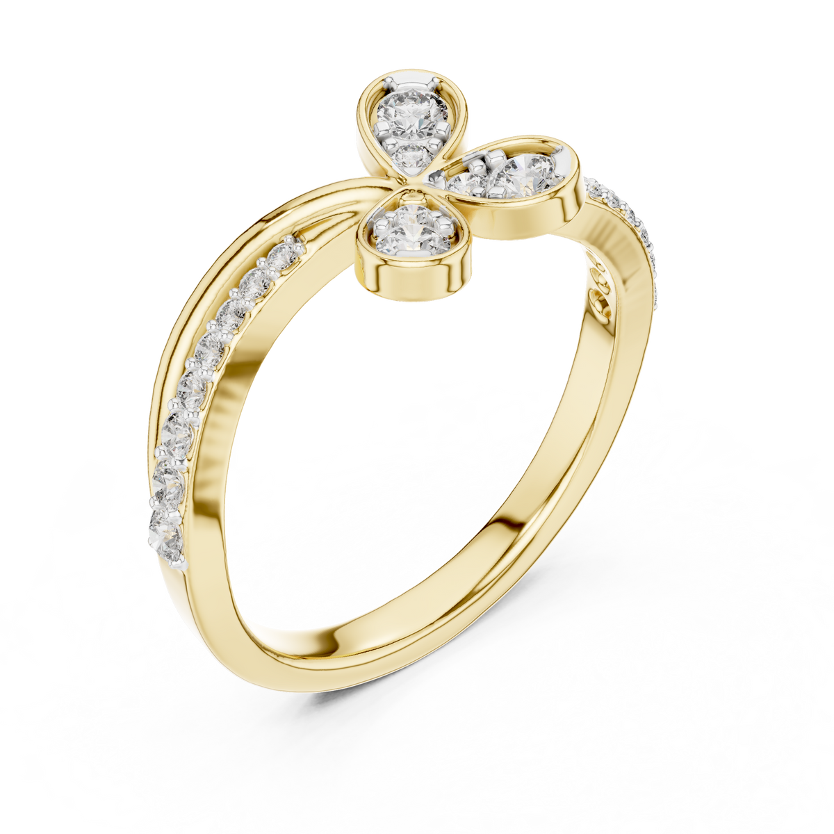 Clover Lab Grown Diamond Three Petal Flower Ring with Pavé Bypass Band