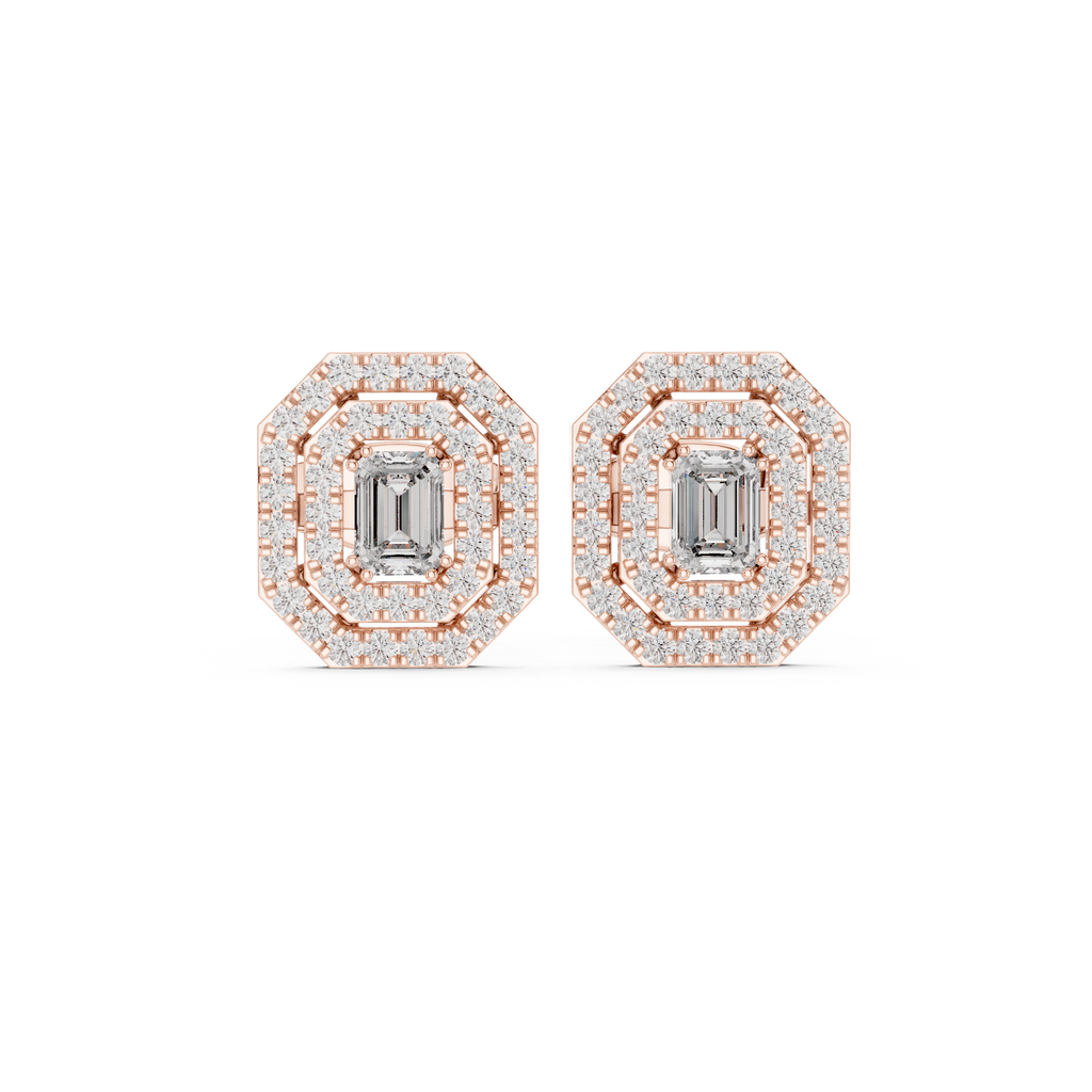 Valeria Emerald Cut Lab Grown Diamond Octagon Double Halo Statement Stud Earrings