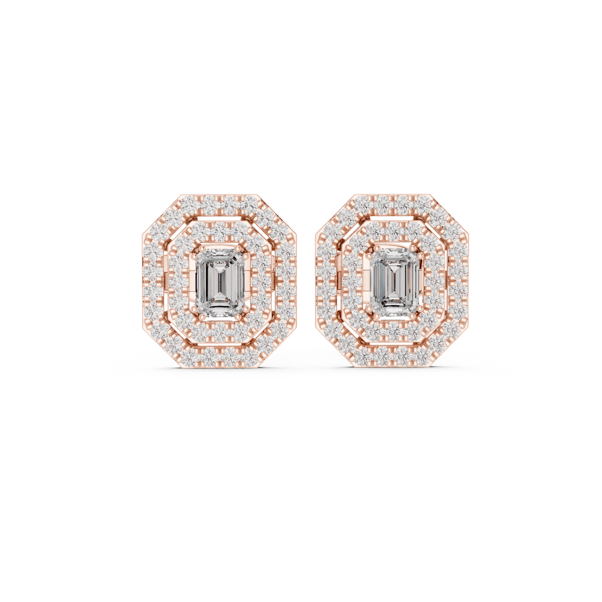 Valeria Emerald Cut Lab Grown Diamond Octagon Double Halo Statement Stud Earrings