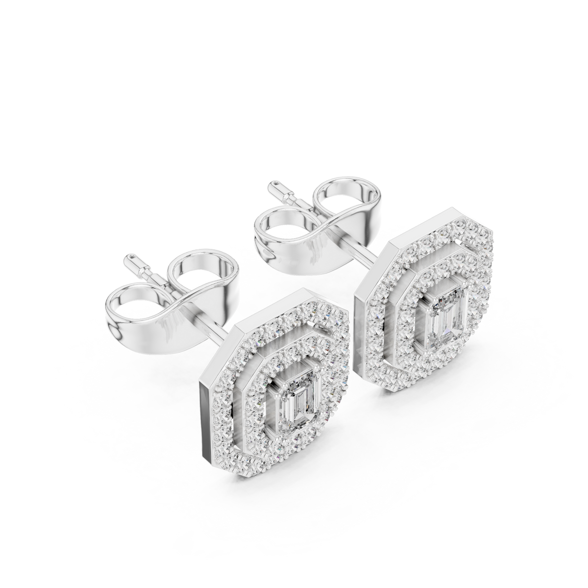 Valeria Emerald Cut Lab Grown Diamond Octagon Double Halo Statement Stud Earrings