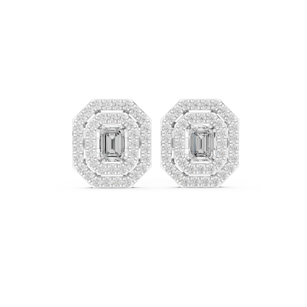 Valeria Emerald Cut Lab Grown Diamond Octagon Double Halo Statement Stud Earrings