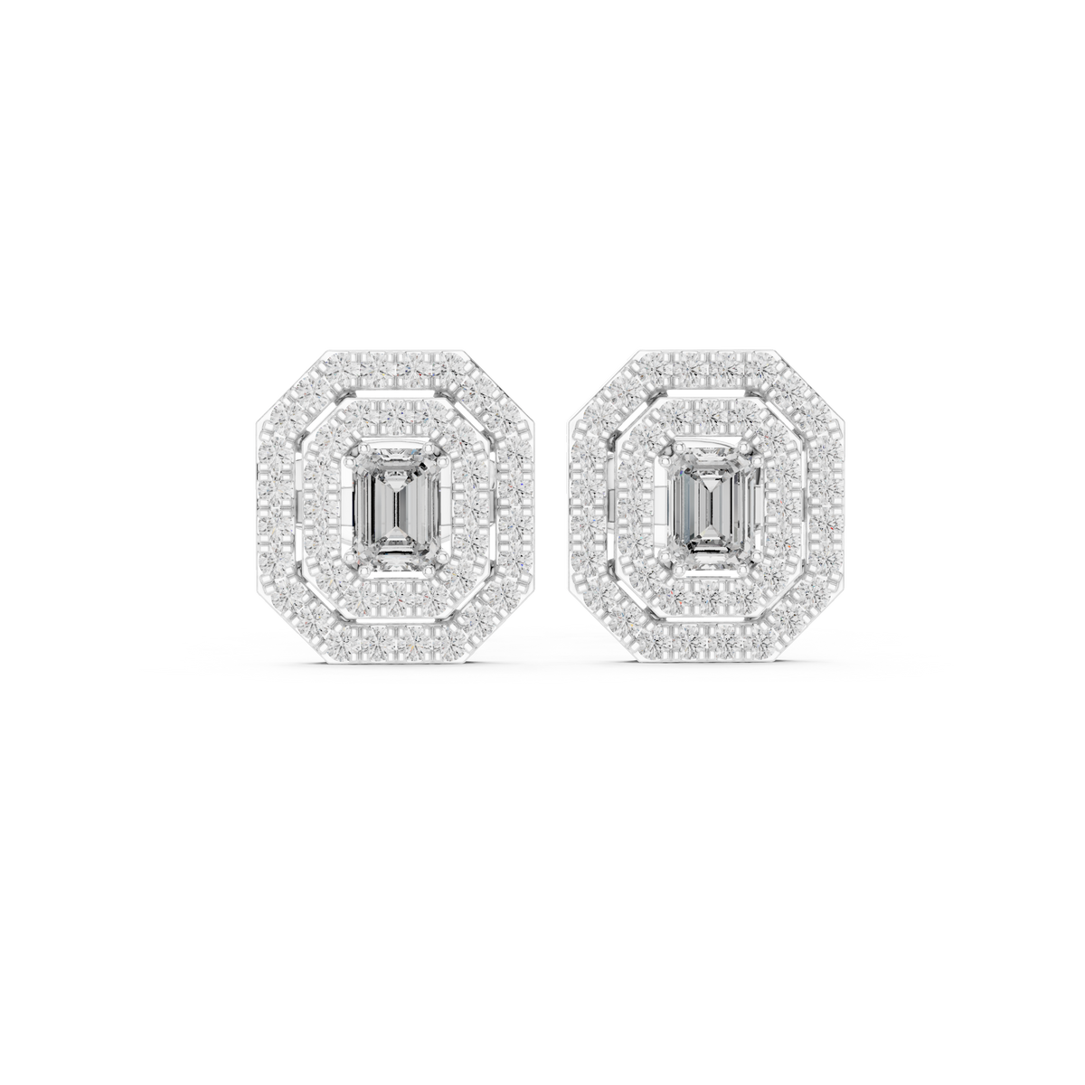 Valeria Emerald Cut Lab Grown Diamond Octagon Double Halo Statement Stud Earrings