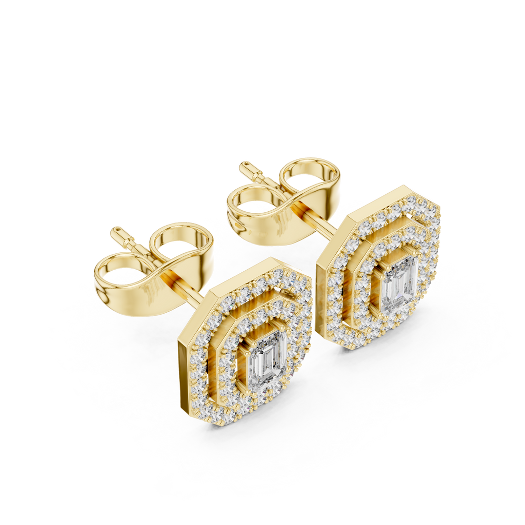 Valeria Emerald Cut Lab Grown Diamond Octagon Double Halo Statement Stud Earrings