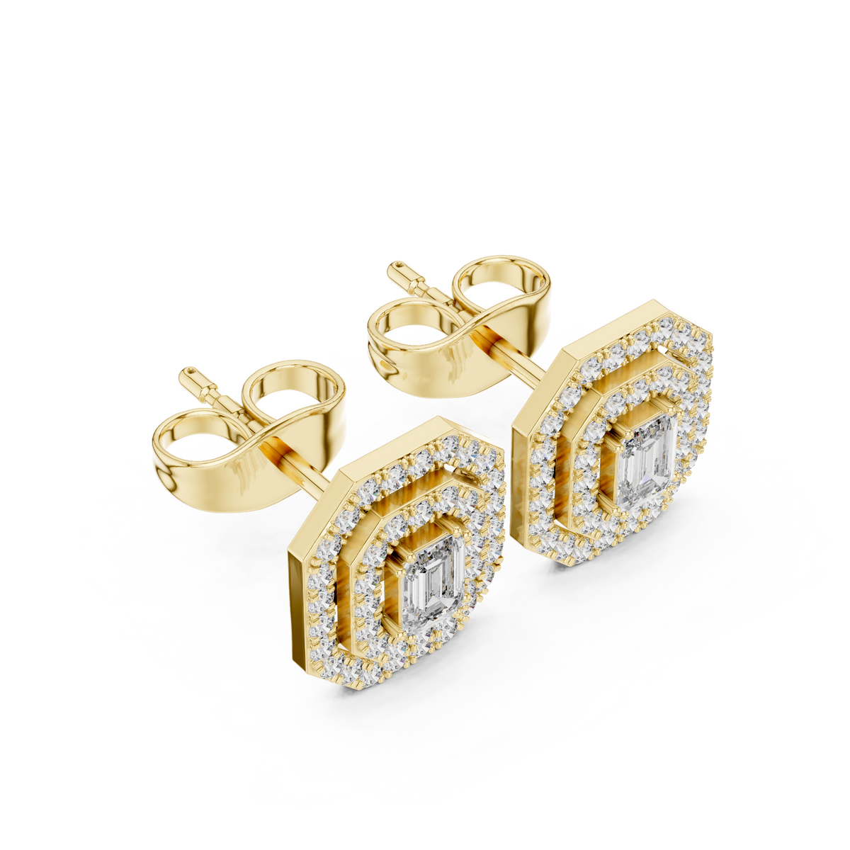 Valeria Emerald Cut Lab Grown Diamond Octagon Double Halo Statement Stud Earrings