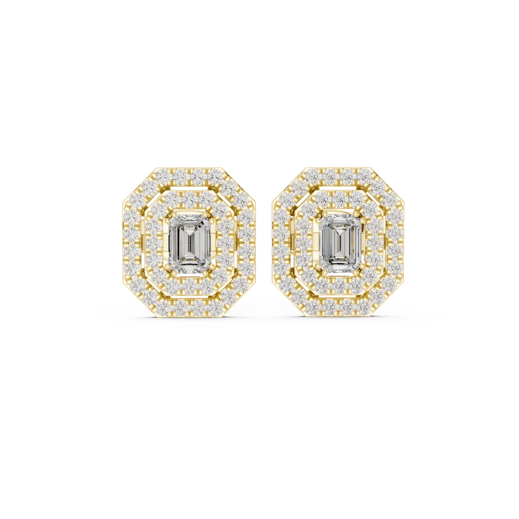 Valeria Emerald Cut Lab Grown Diamond Octagon Double Halo Statement Stud Earrings