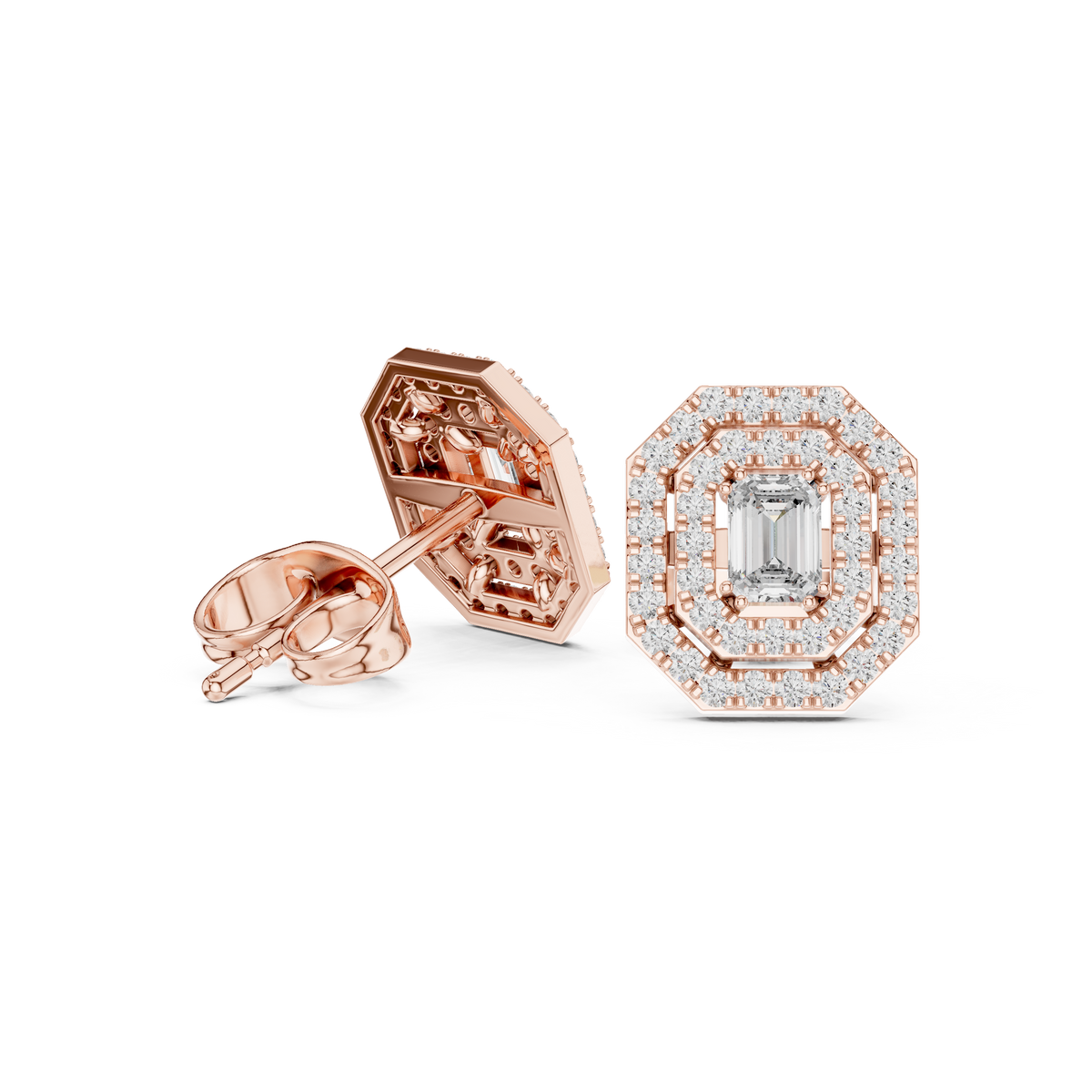 Valeria Emerald Cut Lab Grown Diamond Octagon Double Halo Statement Stud Earrings