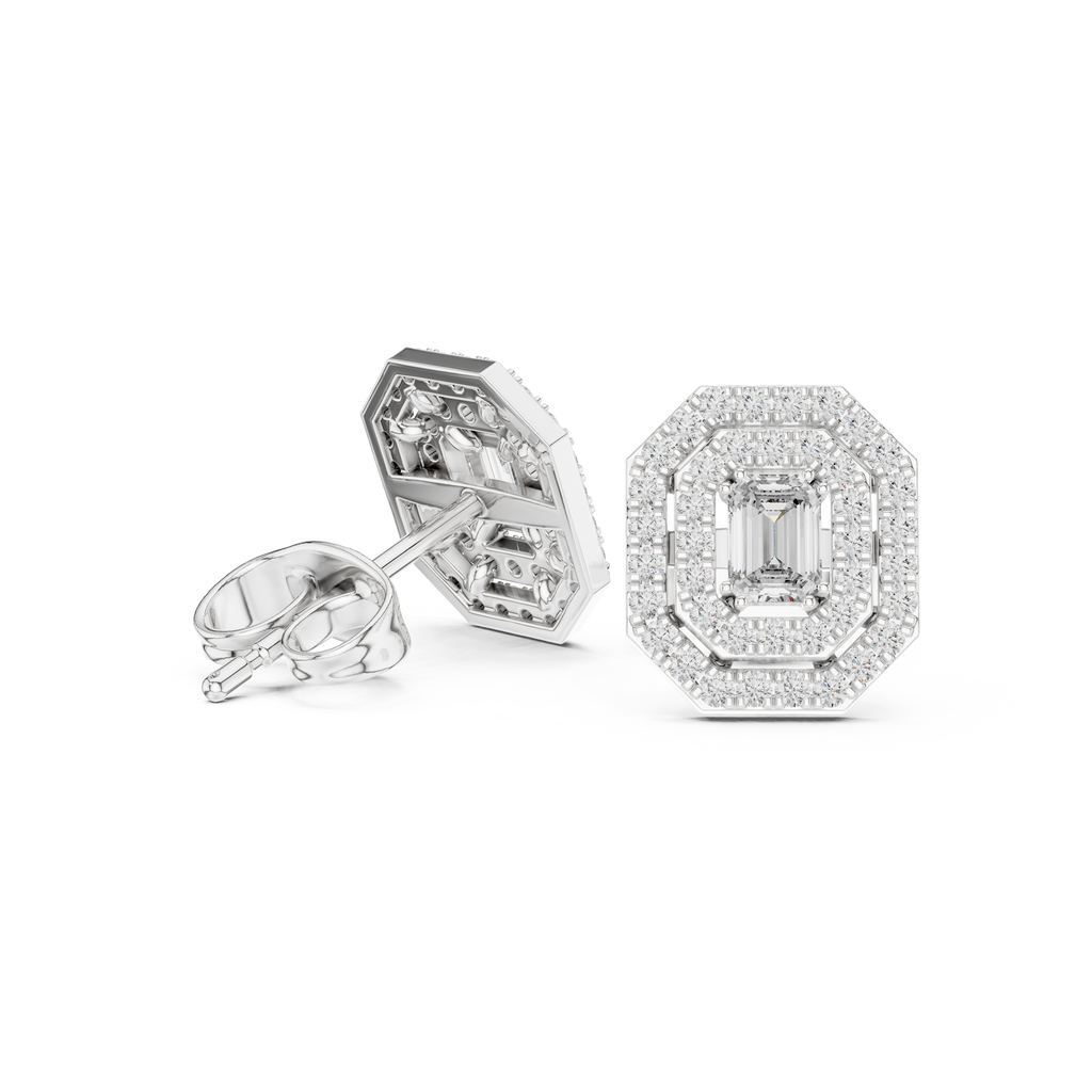 Valeria Emerald Cut Lab Grown Diamond Octagon Double Halo Statement Stud Earrings