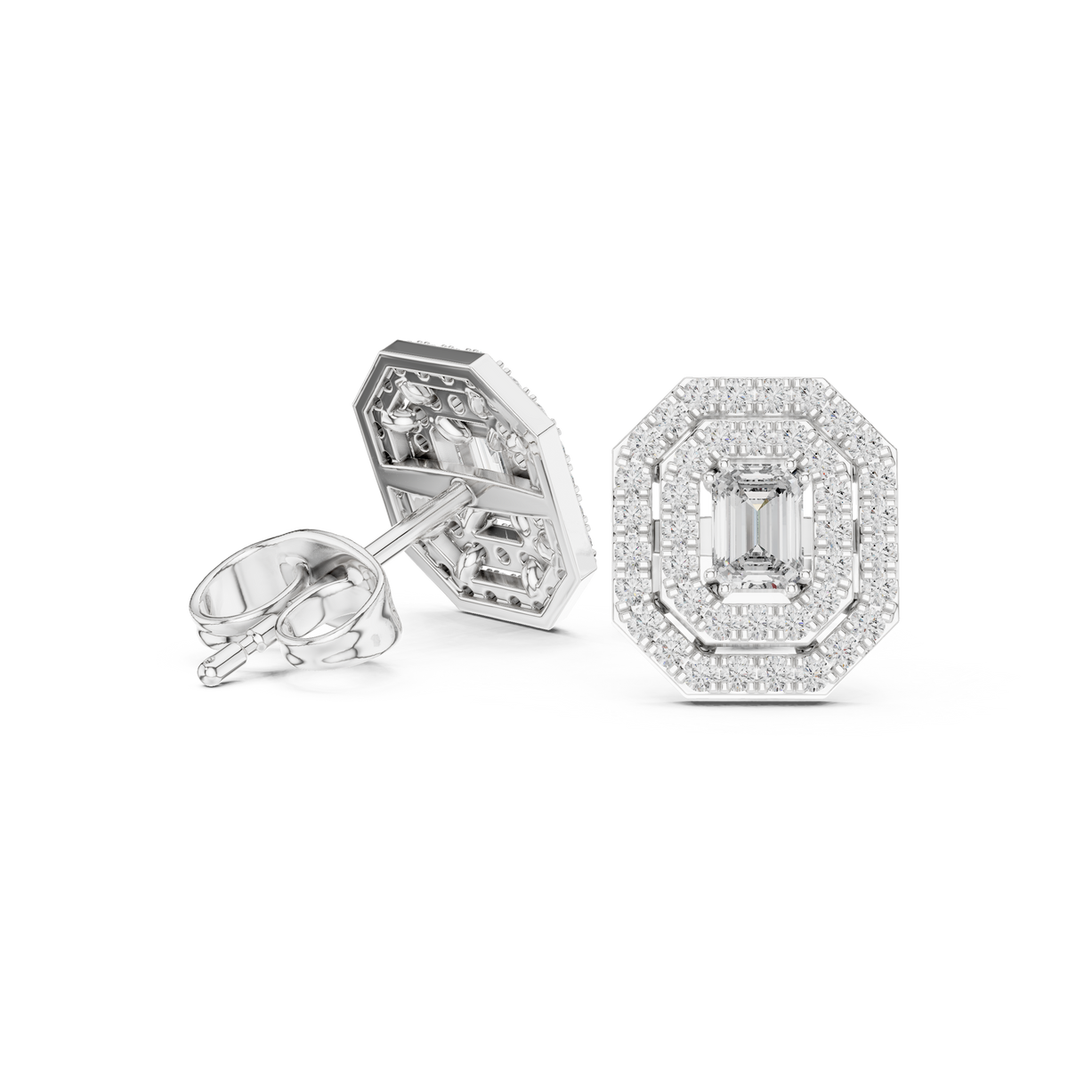 Valeria Emerald Cut Lab Grown Diamond Octagon Double Halo Statement Stud Earrings