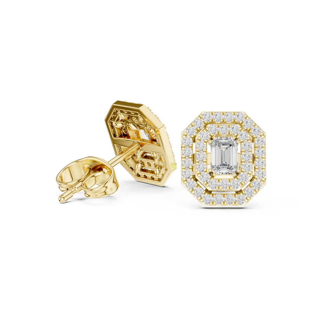 Valeria Emerald Cut Lab Grown Diamond Octagon Double Halo Statement Stud Earrings