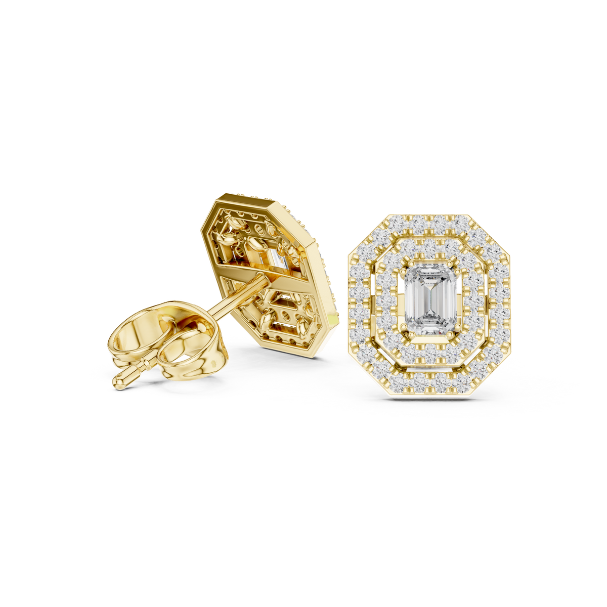 Valeria Emerald Cut Lab Grown Diamond Octagon Double Halo Statement Stud Earrings
