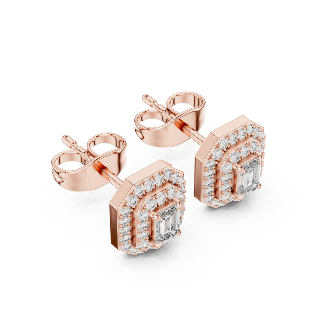 Mirabelle Emerald Cut Lab Grown Diamond Octagon Double Halo Stud Earrings