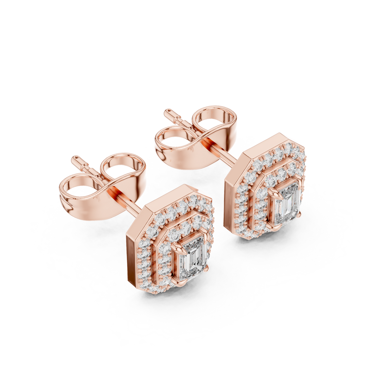 Mirabelle Emerald Cut Lab Grown Diamond Octagon Double Halo Stud Earrings