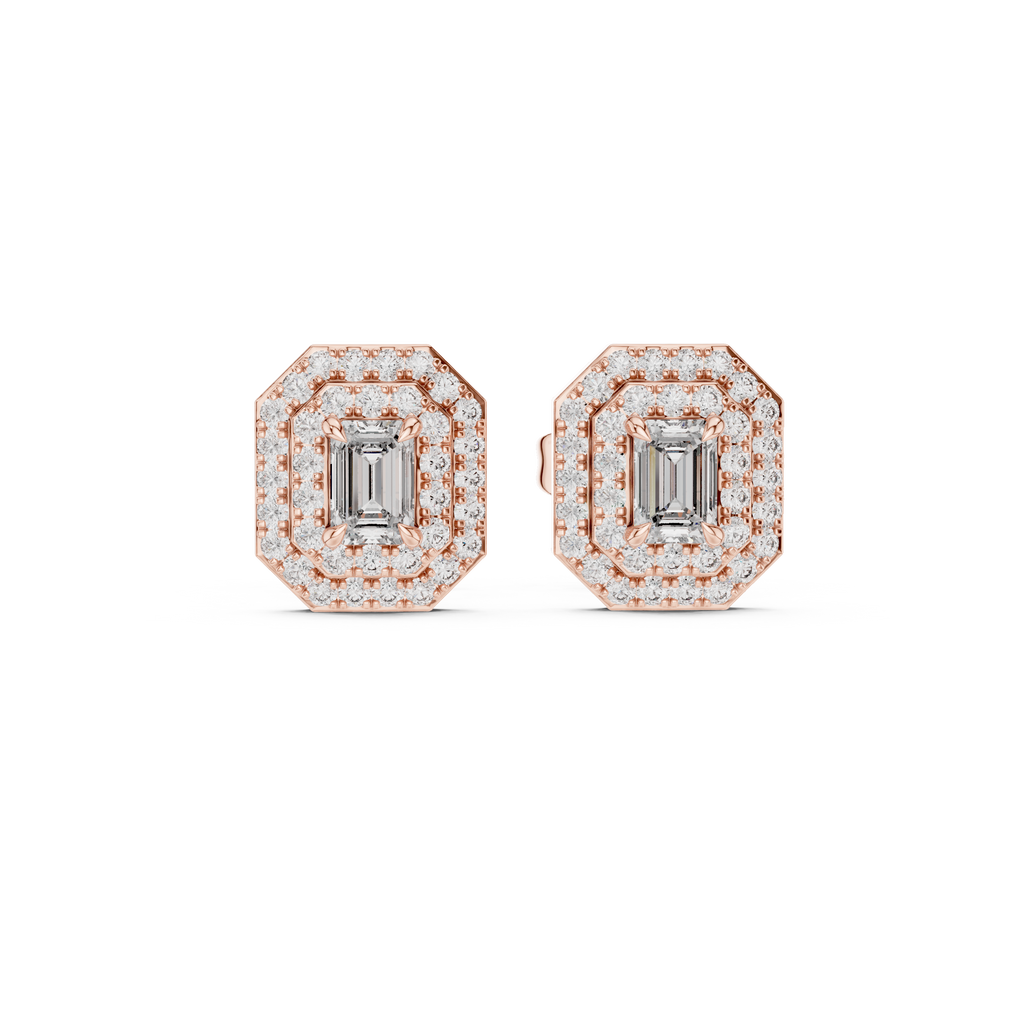 Mirabelle Emerald Cut Lab Grown Diamond Octagon Double Halo Stud Earrings