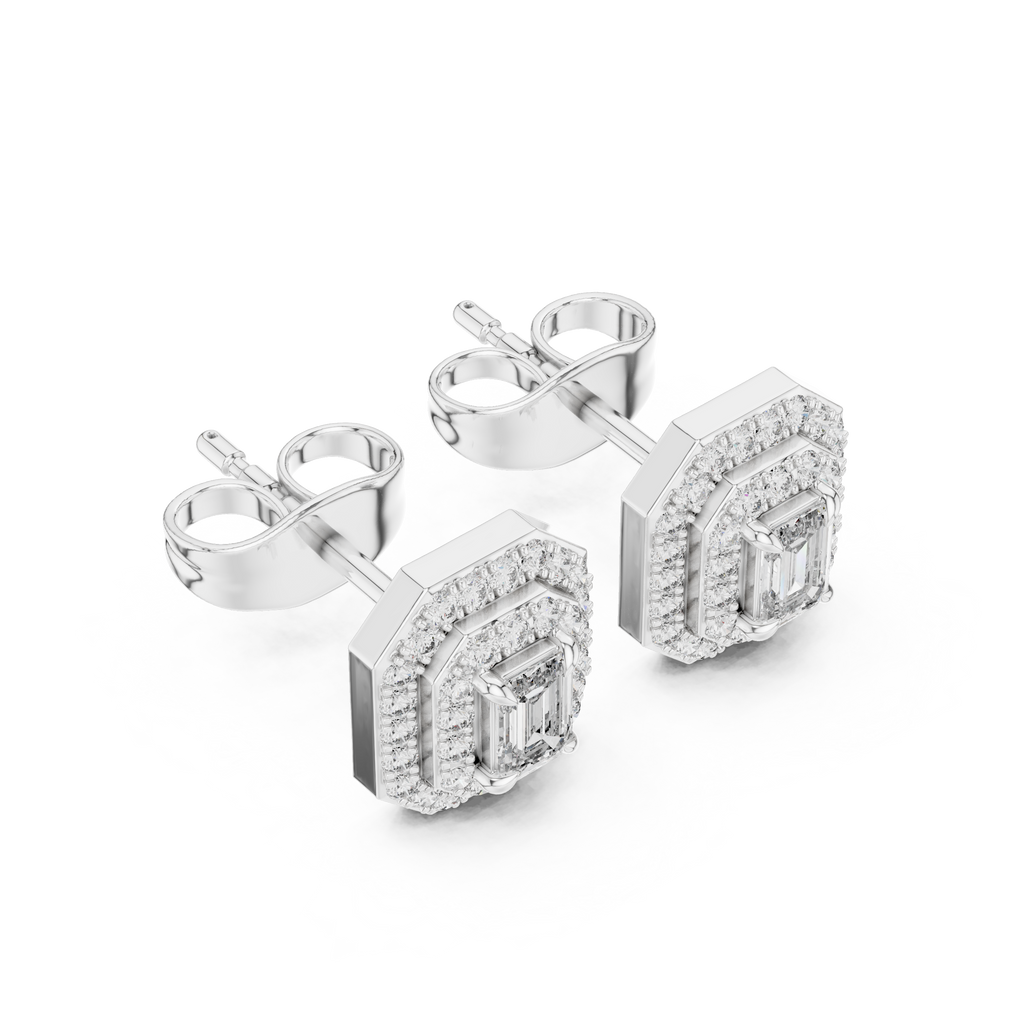 Mirabelle Emerald Cut Lab Grown Diamond Octagon Double Halo Stud Earrings