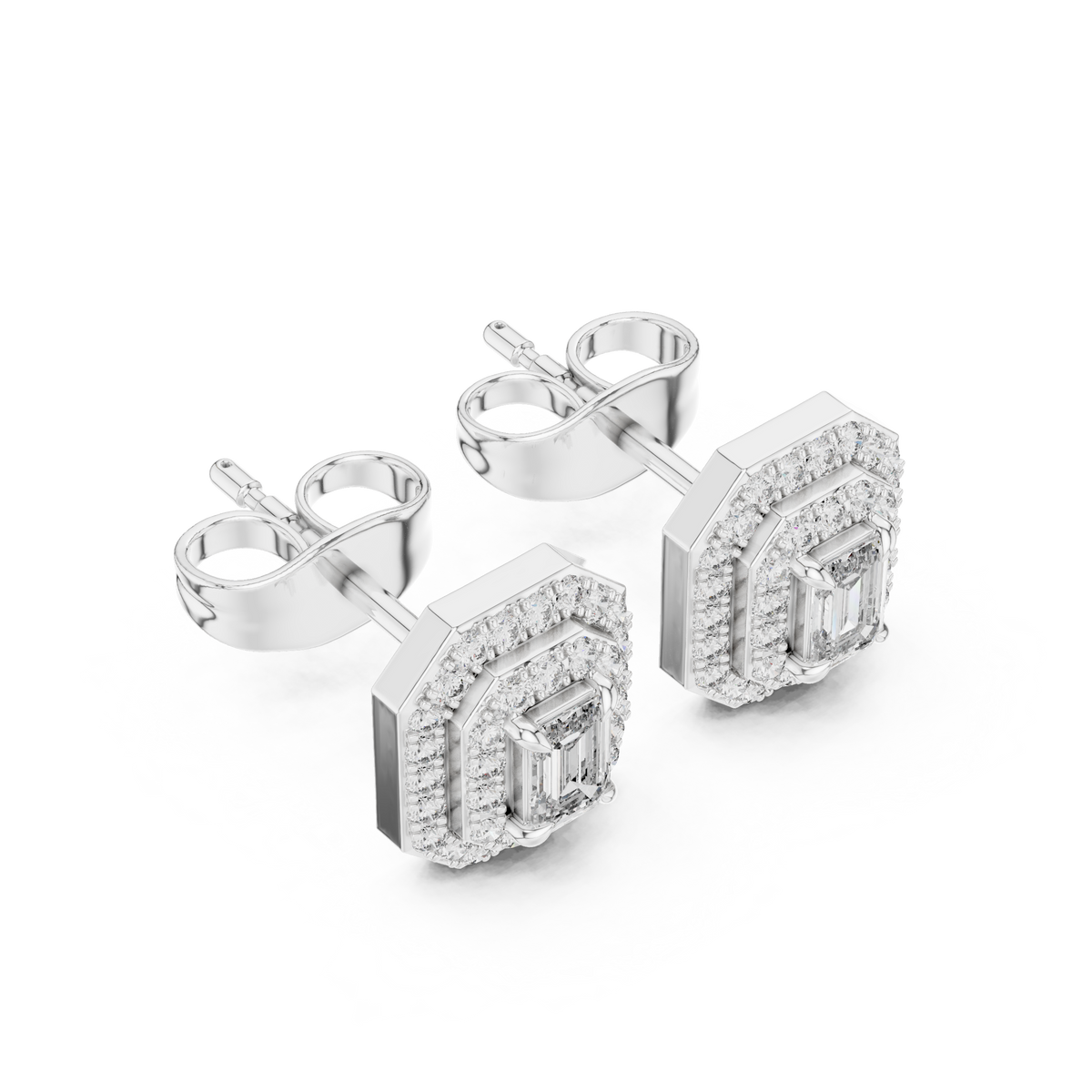 Mirabelle Emerald Cut Lab Grown Diamond Octagon Double Halo Stud Earrings