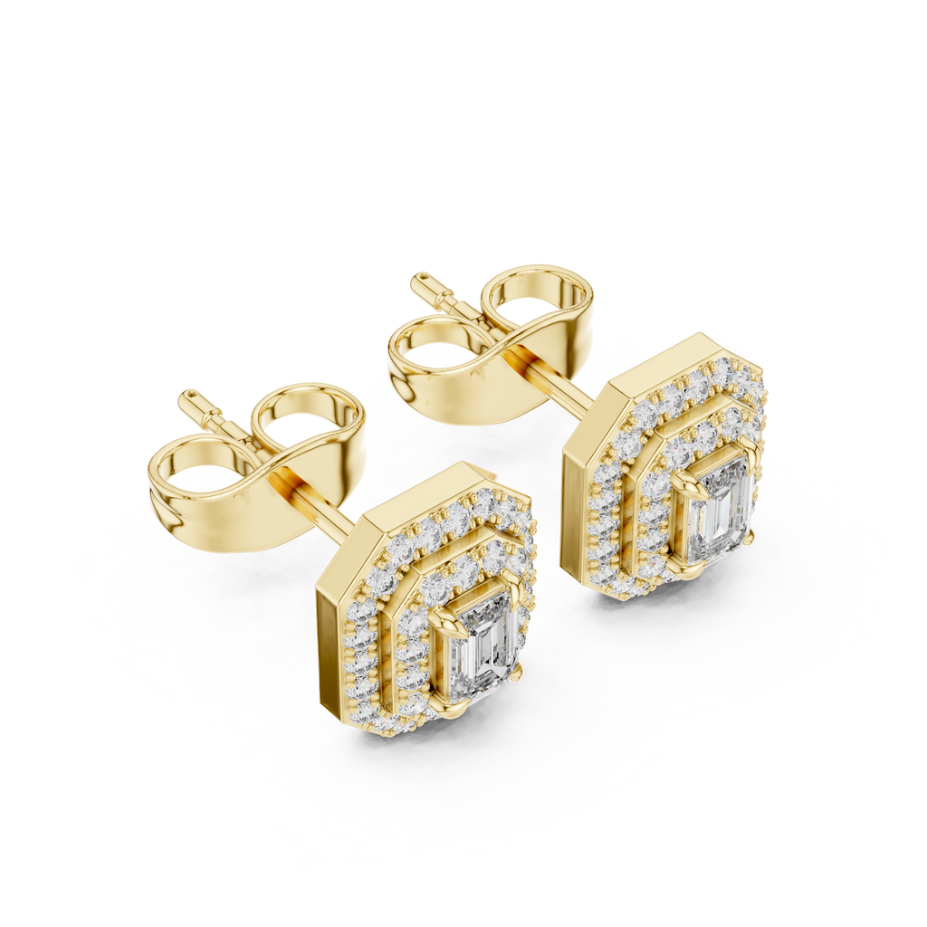 Mirabelle Emerald Cut Lab Grown Diamond Octagon Double Halo Stud Earrings