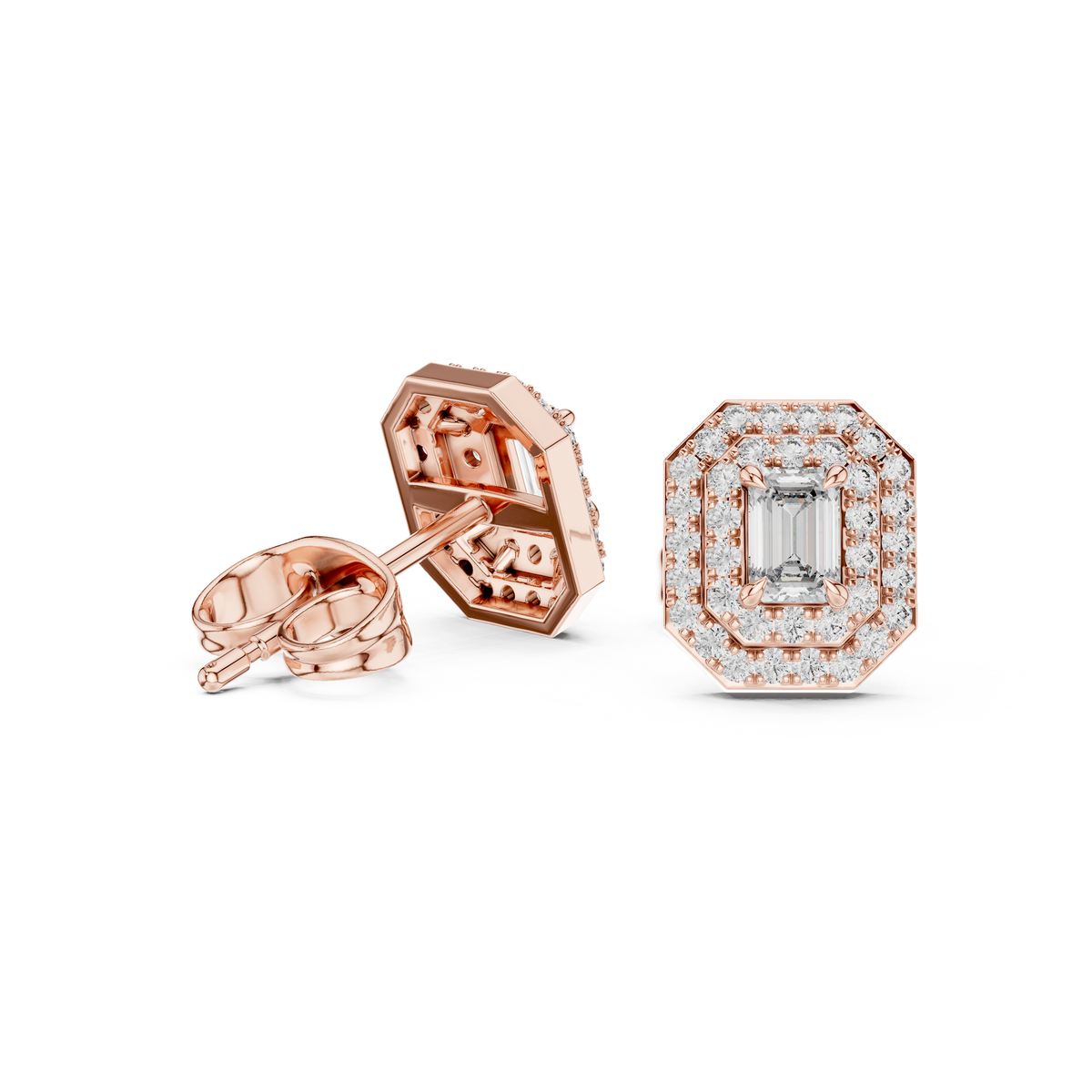 Mirabelle Emerald Cut Lab Grown Diamond Octagon Double Halo Stud Earrings