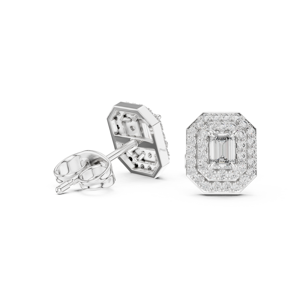 Mirabelle Emerald Cut Lab Grown Diamond Octagon Double Halo Stud Earrings