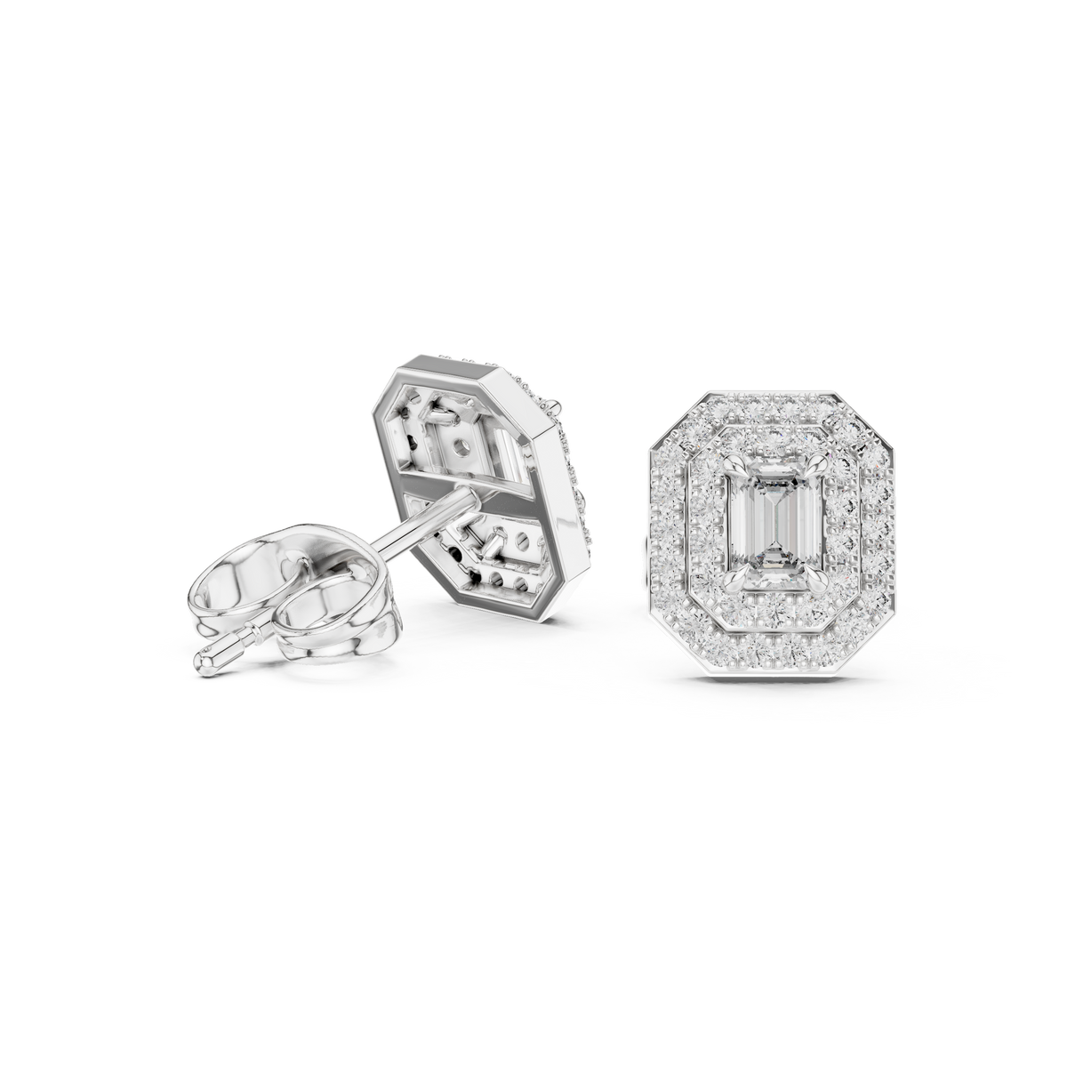 Mirabelle Emerald Cut Lab Grown Diamond Octagon Double Halo Stud Earrings