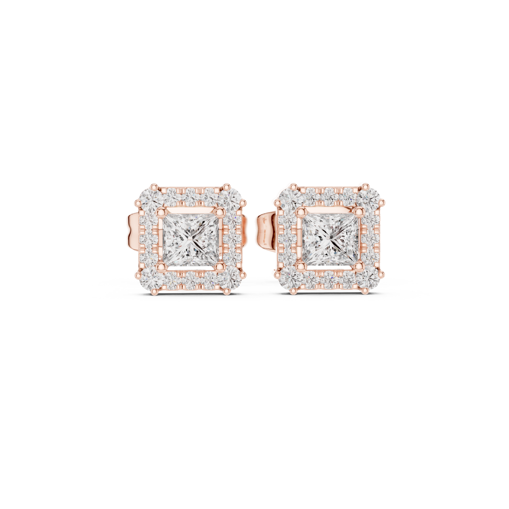 Rowena Princess Cut Lab Grown Diamond Halo Stud Earrings