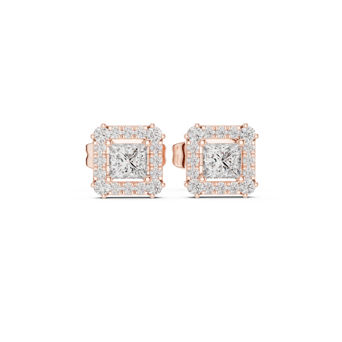 Rowena Princess Cut Lab Grown Diamond Halo Stud Earrings