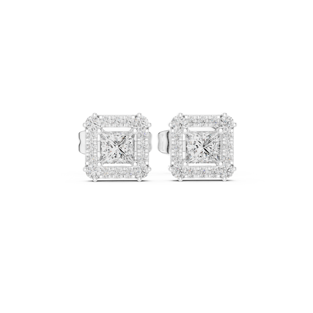 Rowena Princess Cut Lab Grown Diamond Halo Stud Earrings