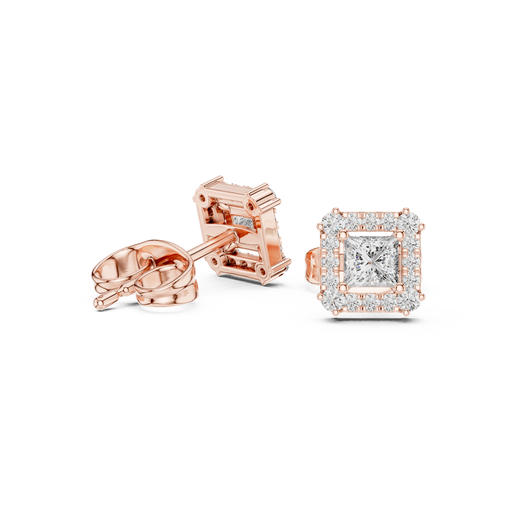 Rowena Princess Cut Lab Grown Diamond Halo Stud Earrings