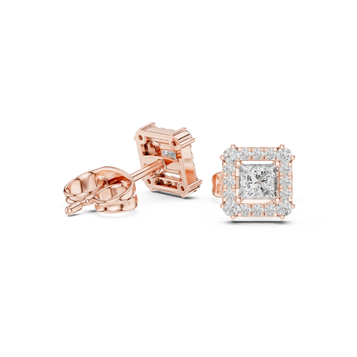 Rowena Princess Cut Lab Grown Diamond Halo Stud Earrings