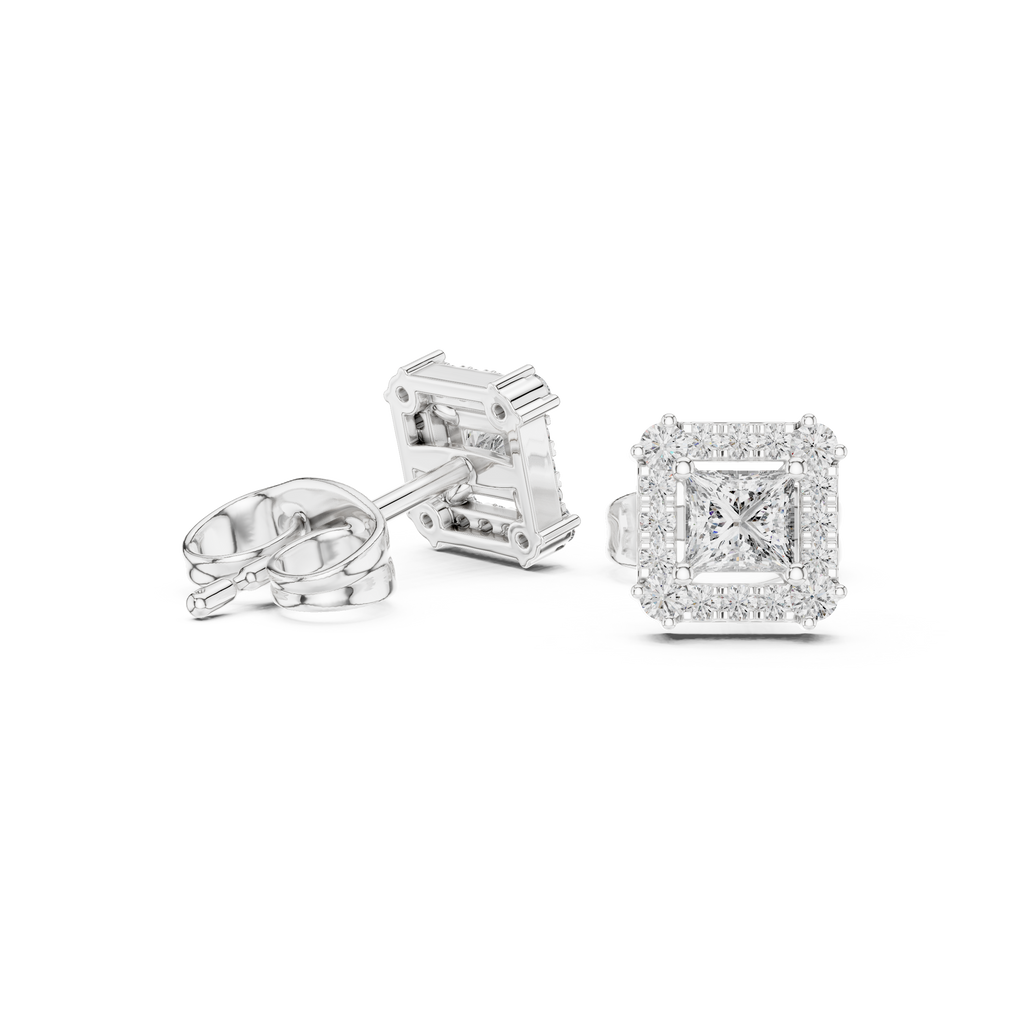 Rowena Princess Cut Lab Grown Diamond Halo Stud Earrings