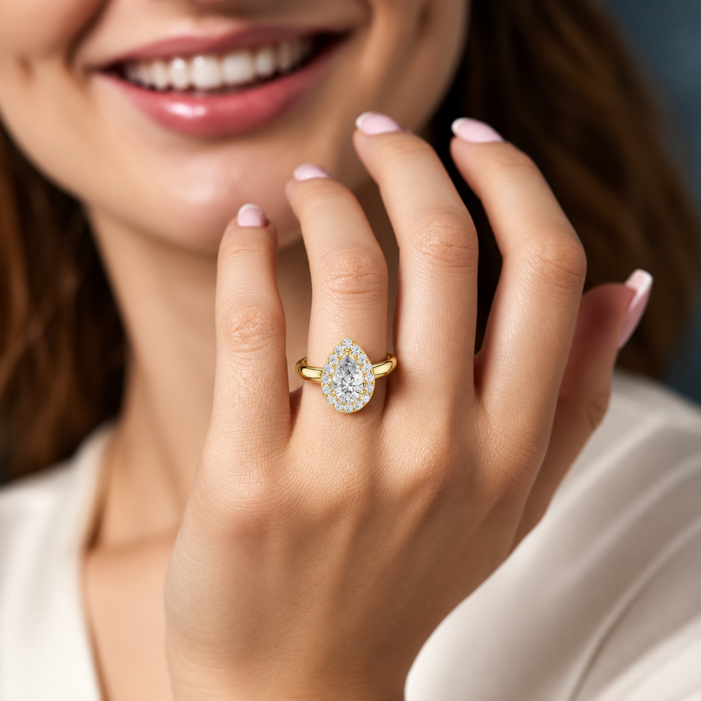 Liora Pear Cut Halo Lab Grown Diamond Engagement Ring