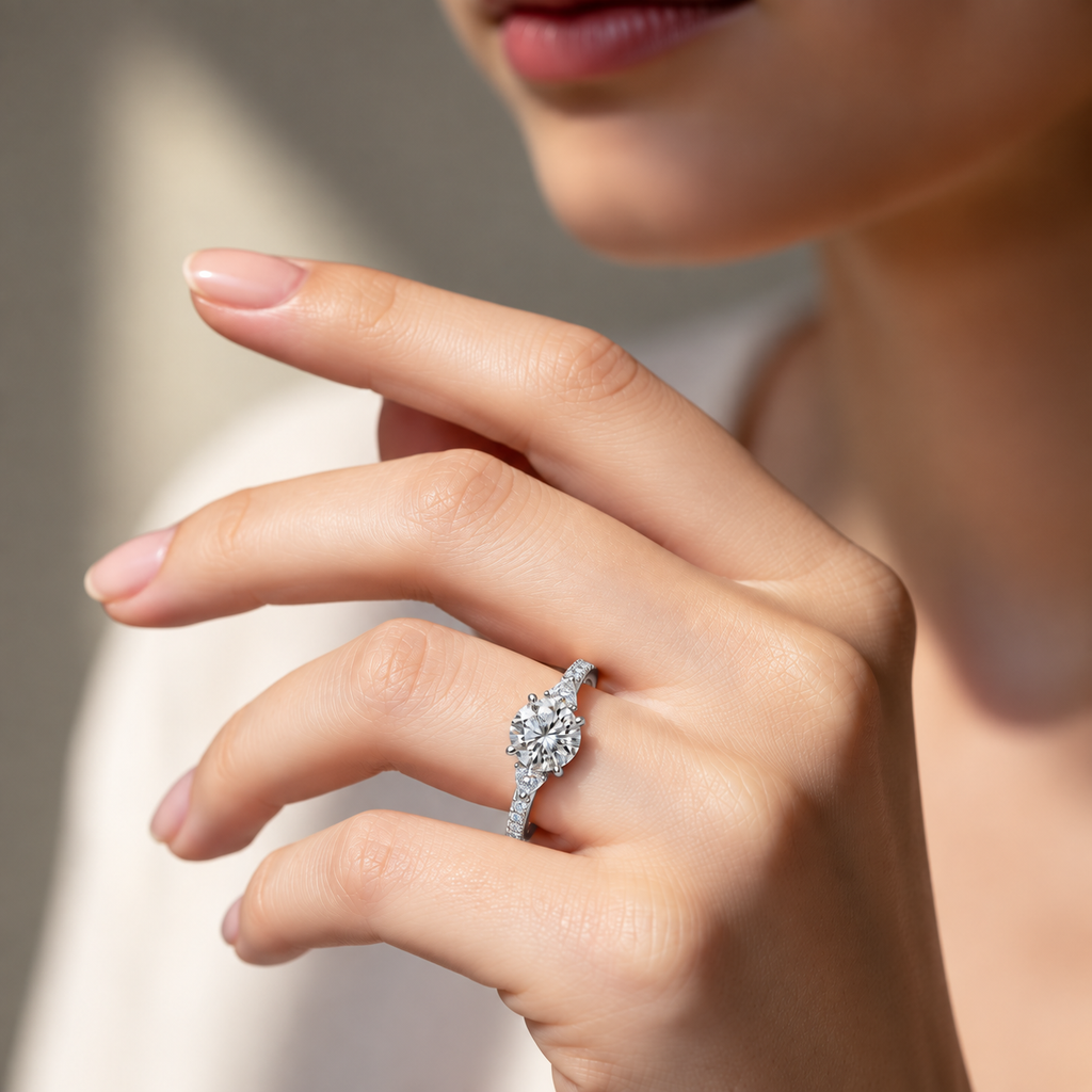 Brilliant Halo Lab Grown Diamond Three-Stone Engagement Ring.