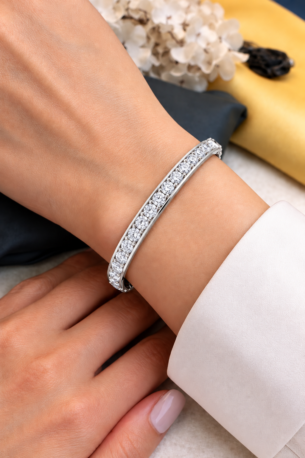 Channelle Channel Set Round Lab Grown Diamond Hinged Bangle Bracelet