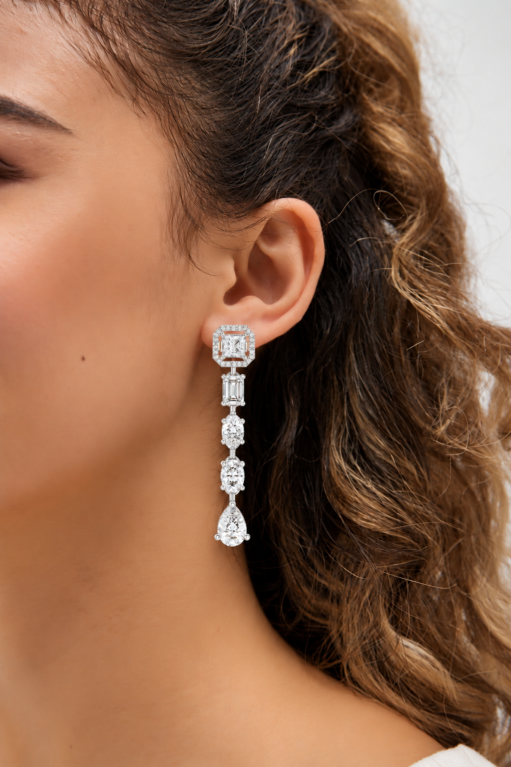Rivelle Princess Cut Halo and Mixed Cut Linear Lab Grown Diamond Drop Earrings