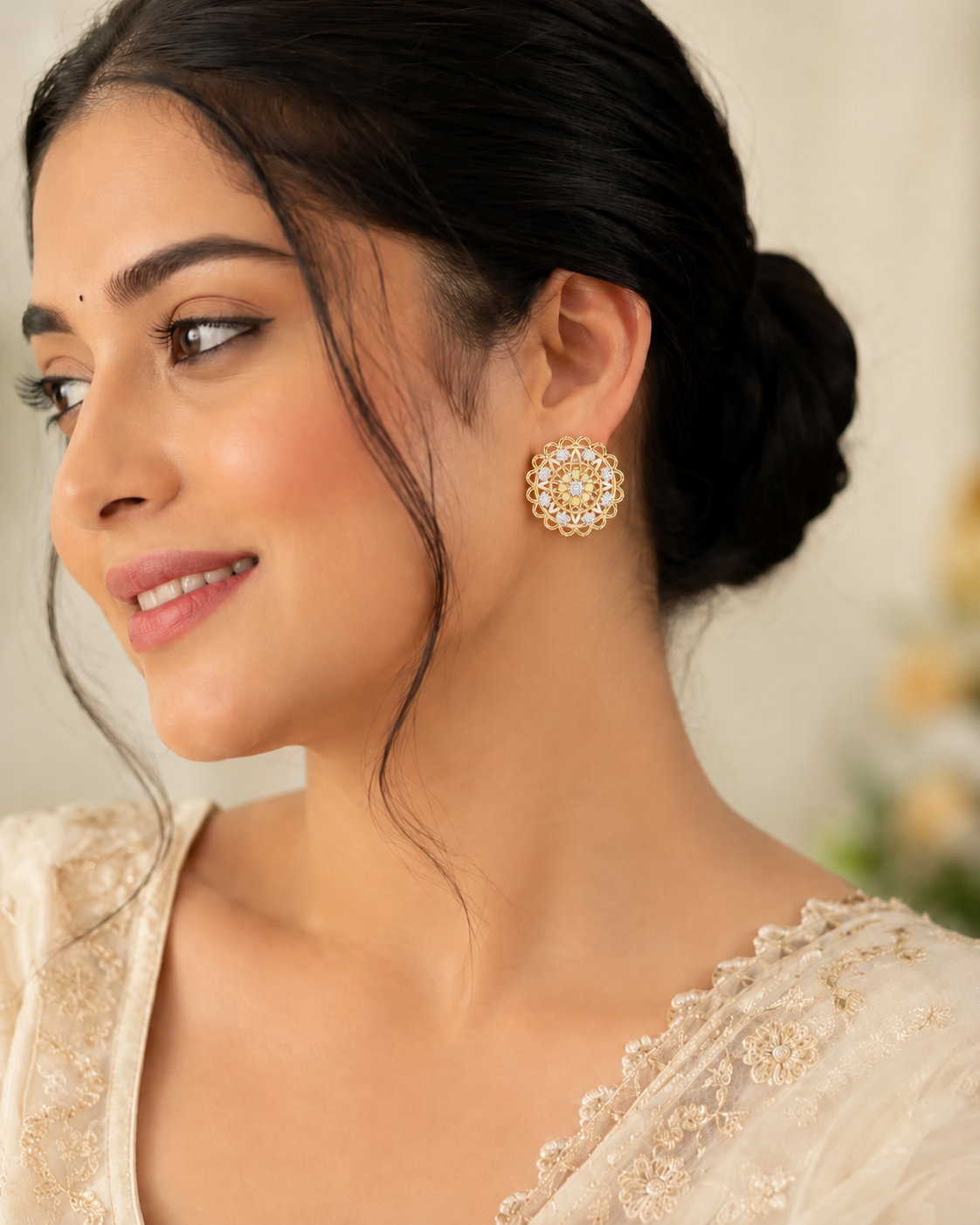 Rangelle Scalloped Filigree Enamel Flower Lab Grown Diamond Earrings