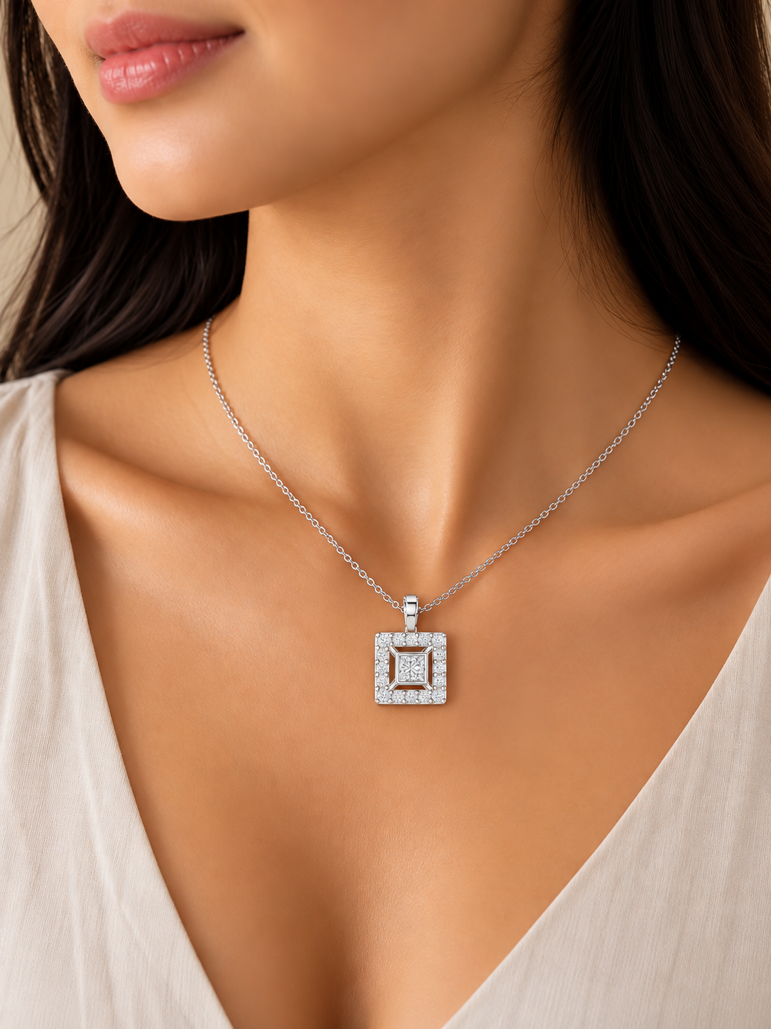 Aurelia Square Halo Lab Grown Diamond Pendant Necklace