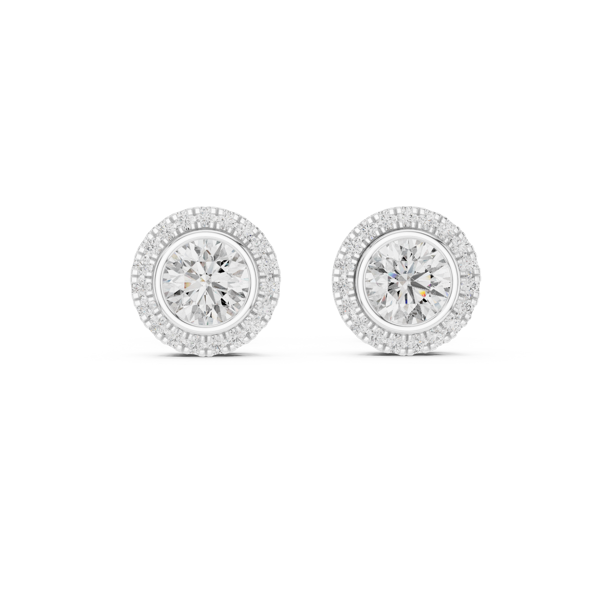 Aureolle Round Bezel Halo Lab Grown Diamond Stud Earrings