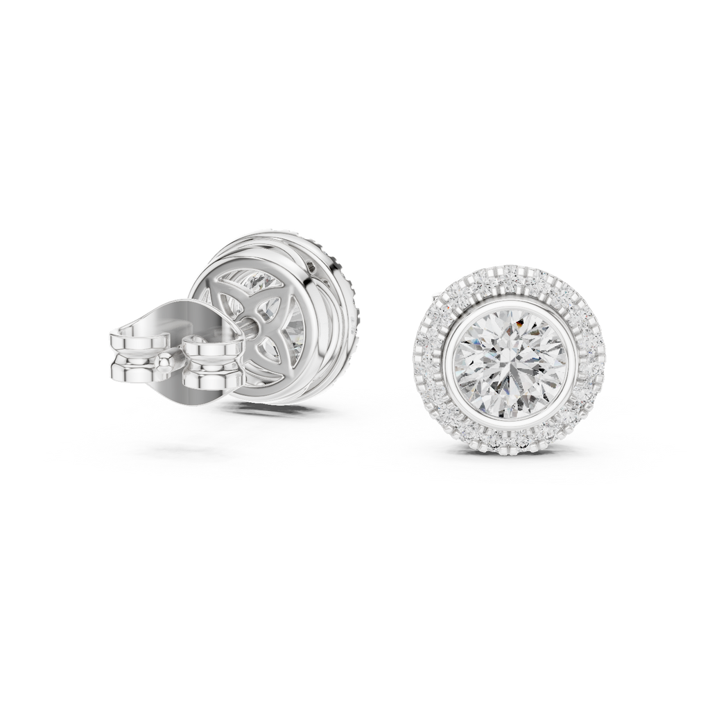 Aureolle Round Bezel Halo Lab Grown Diamond Stud Earrings