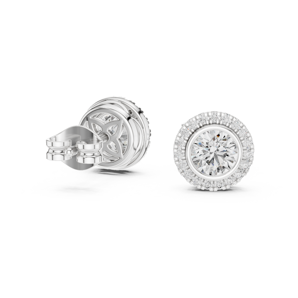 Aureolle Round Bezel Halo Lab Grown Diamond Stud Earrings