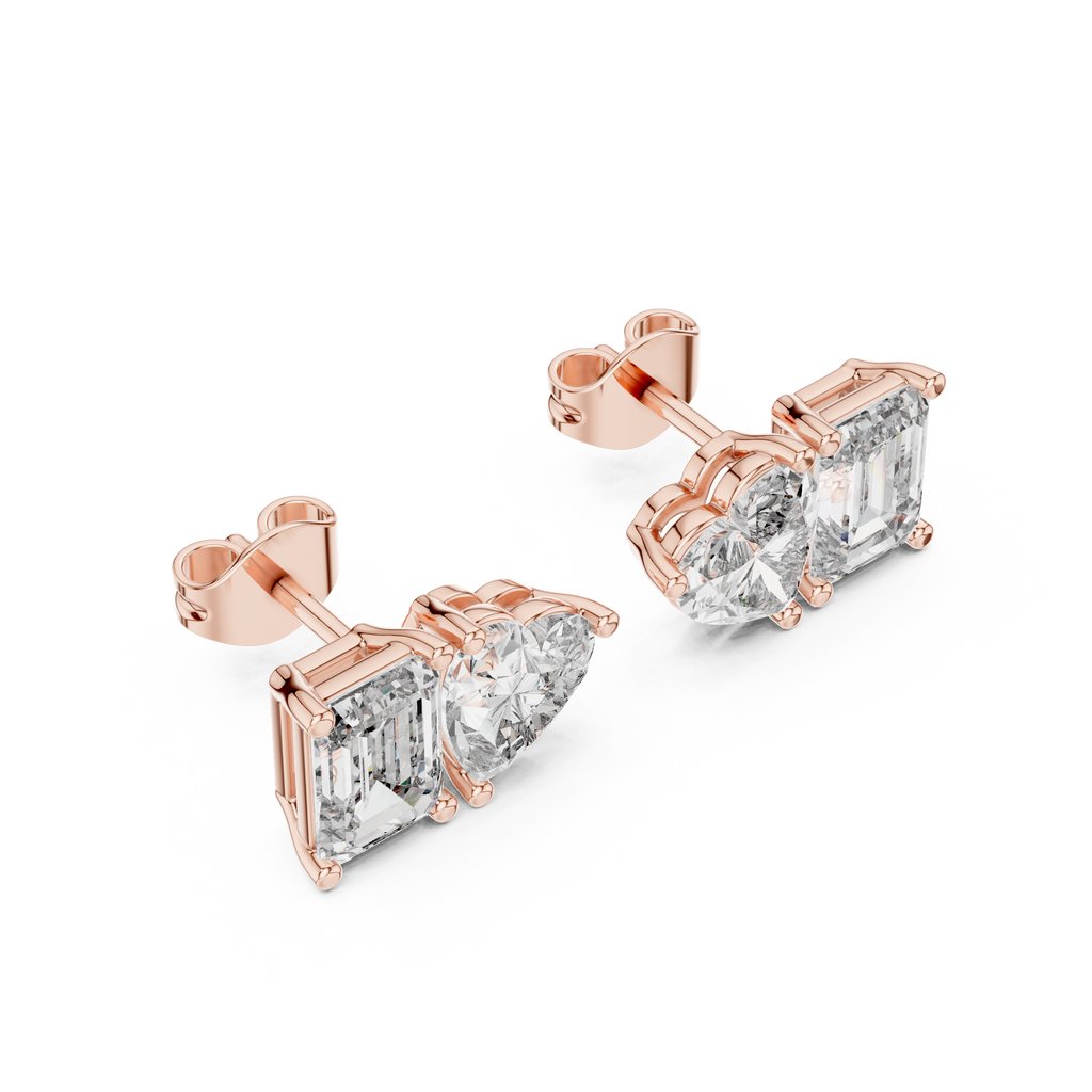 Amoretta Toi et Moi Emerald & Heart Lab Grown Diamond Stud Earrings